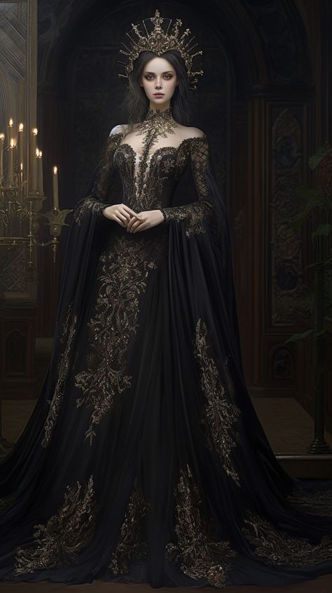 Evil Queen Ball Gowns, Queen Style Dress, Elegant Queen Aesthetic, Vampire Royalty Outfits, Empress Dress Gowns, Dark Medieval Dress, Black Dress Fantasy Gowns, Evil Queen Gown, Got Inspired Dress