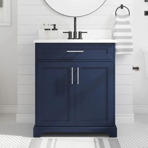 Style Selections Harwell 30-in Midnight Blue Undermount Single Sink Bathroom Vanity with White Engineered Stone Top in the Bathroom Vanities with Tops department at Lowes.com Navy Blue Vanity Bathroom Ideas, Single Sink Bathroom Vanities, Tan Tile, 30 Inch Bathroom Vanity, Blue Bathroom Vanity, Bath Makeover, Ceramic Undermount Sink, Blue Vanity, Powder Room Decor