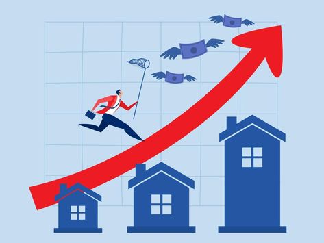 Inflation Housing price rising up ,businessman running on rising Red graph on house price up a Real estate or property growth concept flat vector illustrator House Illustration, Flat Vector, House Prices, Business Man, Vector Art, Vector Free, Illustrator, Real Estate, Clip Art