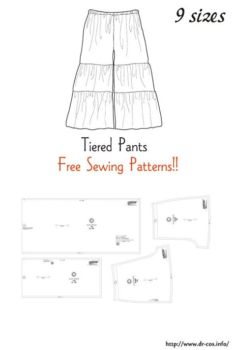 Tiered Pants, Pants Sewing Patterns, Pants Pattern Free, Wide Leg Pants Pattern, Wrap Dress Pattern, Sewing Blouses, Pants Sewing, Free Pdf Sewing Patterns, Free Sewing Patterns