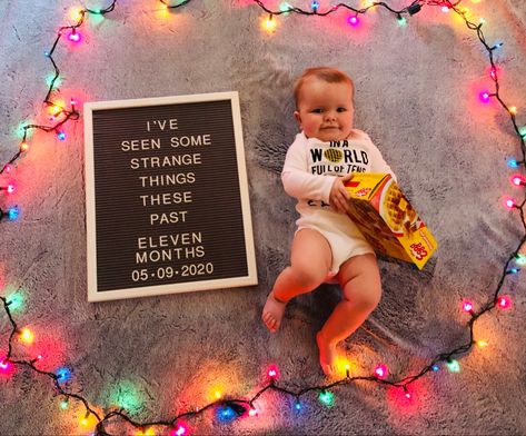 Stranger things, 11 month letter board Six Month Letter Board Ideas, Four Month Letter Board, 11 Month Old Picture Ideas, 11 Month Picture Ideas, Half Birthday Letter Board Ideas, 11 Month Old Letter Board Ideas, Stranger Things Photoshoot Ideas, 11 Month Letter Board, 11 Month Old Photoshoot