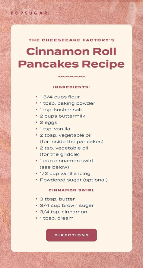 Cinnamon Swirl Pancakes, Cinnamon Roll Pancakes Recipe, Cinnamon Pancakes Recipe, Homemade Pancake Recipe, Cinnamon Roll Pancakes, The Cheesecake Factory, Cinnamon Pancakes, Homemade Waffles, Popsugar Food