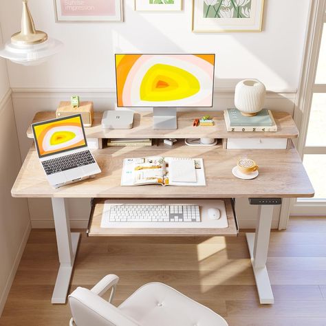 Electric Height Adjustable Lifting System: FEZIBO standing desk has reliable motor that has 3 programmable memory height buttons support height adjustment between 27.5''-46.85'' （30.3''-48.5'' with detachable lockable casters included）with low noise(… Cozy Home Office, Desk Inspo, Stand Up Desk, Dekorasi Kamar Tidur, Sit Stand Desk, Inspire Me Home Decor, Office Inspo, Small Home Office, Desk Ideas