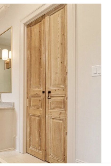 French Oak Doors, Bathroom French Doors, White Baseboards, Rustic Doors Interior, Pine Interior Doors, Reclaimed Wood Door, Old Wooden Doors, Wooden French Doors, Stained Doors