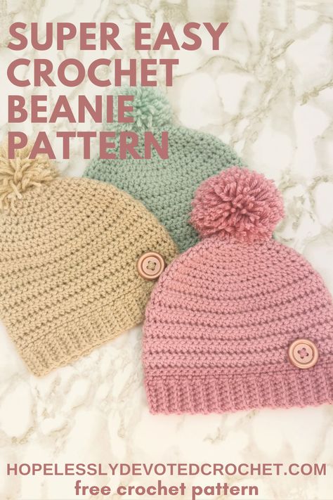 Beanie Hat Crochet Pattern, Beanie Pattern Free, Crochet Beanie Pattern Free, Crochet Hat With Brim, Beanie Hat Pattern, Crochet Baby Beanie, Easy Crochet Hat, Crochet Baby Hat Patterns, Crochet Toddler