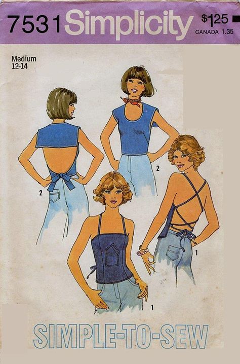 1970s Simplicity 7531 Misses Halter Tops Sewing Pattern Size 12 14 Bust 34 36 Sew Halter Top, Collar Halter Top, Halter Top Sewing Pattern, 1970s Patterns, Sailor Top, 1970s Sewing Patterns, 70s Clothing, 60s 70s Fashion, Women's Sewing Patterns