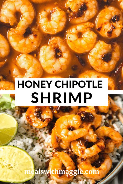 This honey chipotle shrimp with cilantro lime rice is an easy dinner idea that is a tantalizing combination of sweet and spicy. #chipotleshrimp #honeychipotleshrimptacos Honey Chipotle Shrimp, Chipotle Shrimp Recipes, Chipotle Lime Shrimp, Shrimp Tacos Easy, Chipotle Shrimp, Honey Chipotle, Rice Varieties, Lime Rice, Cilantro Lime Rice