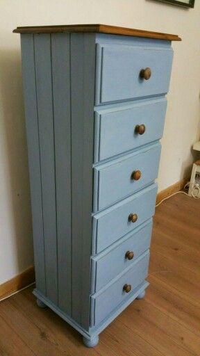 Pale blue tall boy chest with wooden top. Tall Boy Drawers, Tall Narrow Dresser, Chest Of Drawers Upcycle, 6 Drawer Tall Dresser, Dresser Flips, Distressing Chalk Paint, Narrow Dresser, Tall Drawers, Boy Dresser