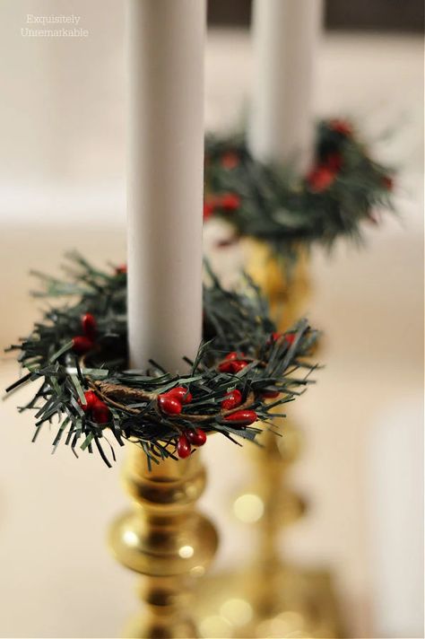 Taper Candle Rings Candle Rings For Tapers, Diy Taper Candle Holders Simple, Christmas Candelabra Ideas, Christmas Candlesticks Diy, Decorating Candle Holders, Diy Candle Ring, Taper Candle Decor, Christmas Candle Sticks, Candle Stick Decor Ideas