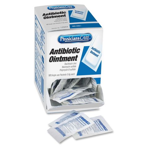 Acme United Triple Antibiotic Ointment Box Dispenser - Item # ACM90321 - Triple antibiotic ointment contains bacitracin zinc, neomycin sulfate, and polymyxin B sulfate. Single-use packets of antibiotic ointment are packaged for individual use. Burn Ointment, Antibiotic Ointment, Wound Care Dressings, First Aid Kits, Benzalkonium Chloride, Wound Care, Surveillance Cameras, Break Room, Survival Prepping