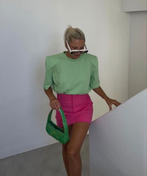 Pink and green. Pink Aestethic, Colorful Outfits, Green Mini Skirt, Colourful Outfits, Pink Aesthetic, Pink And Green, Leather Skirt, Mini Skirt, Summer Outfits