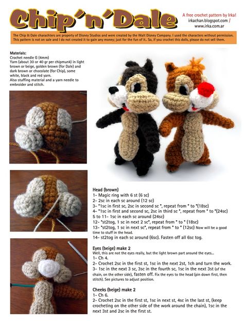 Crocheted Stuffed Animals, Ravelry Free, Crochet Disney, Chip And Dale, Crochet Needles, Crochet Diy, Crochet Dolls, Amigurumi Doll, Crochet Animals