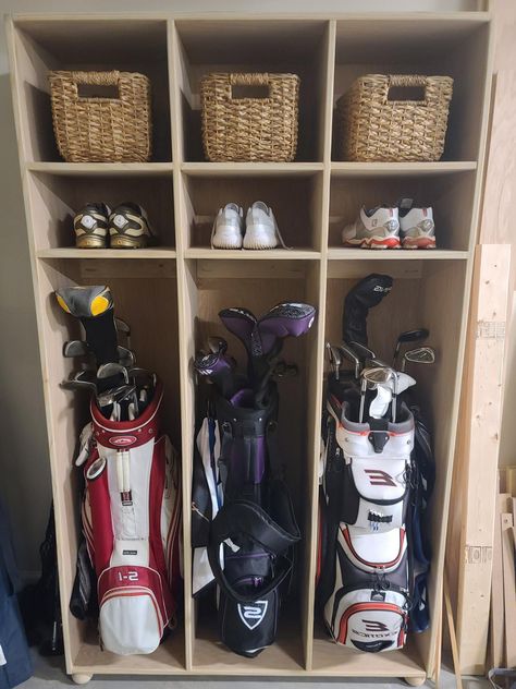 Garage Luggage Storage, Garage Organization Golf Clubs, Golf Club Organizer, Golf Equipment Storage Diy, Golf Club Storage Cabinet, Garage Golf Organization, Storing Golf Clubs In Garage, Golf Closet Ideas, Golf Club Organization