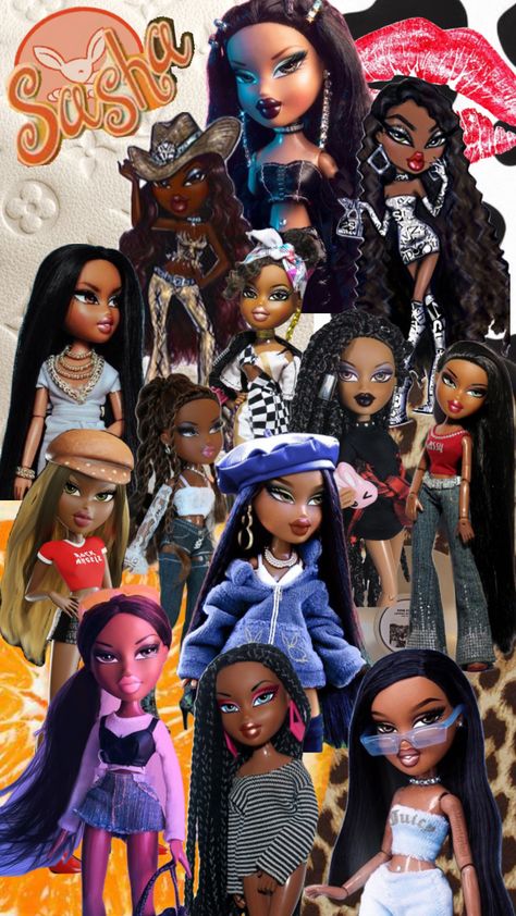 Black Bratz Doll Outfit, Brats Doll Wallpaper Iphone, Sasha Bratz Aesthetic Outfits, Bratz Doll Photoshoot Ideas, Sasha Bratz Outfits, Black Bratz Wallpaper, Bratz Photoshoot, Bratz Animation, Sasha Bratz Aesthetic