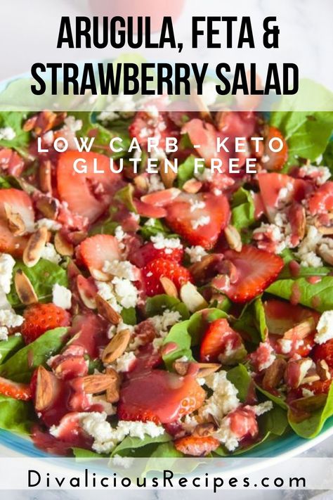 Add flavour and crunch to your arugula and strawberry salad with Feta cheese and sliced almonds for a hearty low carb salad packed full of flavour, colour and texture. Spinach Salad With Strawberries, Easter Salad Recipes, Spinach Salad Dressing, Salad With Strawberries, Salad Recipes Low Carb, Strawberry Spinach Salad, Salad Keto, Keto Salad, Spinach Salad Recipes