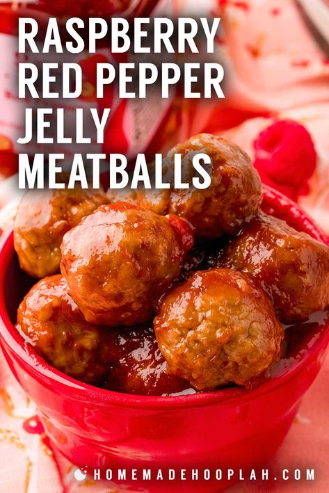 Chili Jelly Meatballs Crock Pot, Cherry Jalapeño Meatballs, Meatballs With Red Sauce, Boursin Cheese Red Pepper Jelly, Food For A Party Crowd Pleasers, Hot Pepper Jelly Meatballs, Cranberry Meatballs Recipe, Red Snacks For Party, Meatball Recipes Appetizer