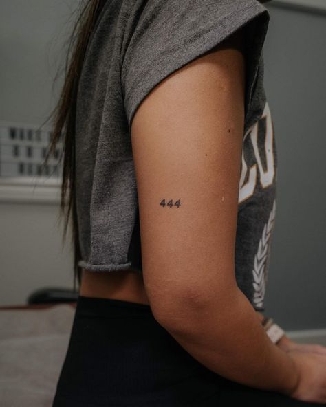 Luck Number Tattoo, Angel Number Tattoo Back Of Arm, Places To Tattoo Women, Lucky Numbers Tattoo, 444 On Wrist Tattoo, 444 Tattoo Back Of Arm, Tiny 444 Tattoo, 444 Tattoo Forearm, Different Tattoo Placement Ideas