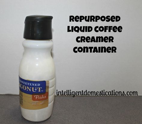 Repurposed coffee creamer container holding coconut by intelligentdomestications.com Creamer Container Crafts, Repurpose Coffee Containers, Upcycled Creamer Bottles, Coffee Creamer Bottles Reuse, Upcycle Coffee Creamer Containers, Repurpose Plastic Coffee Containers, Coffee Creamer Crafts, Coffee Creamer Container, Creamer Container