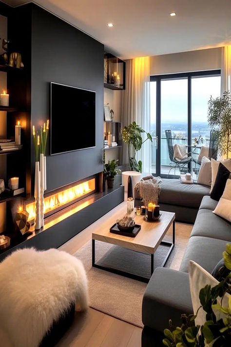 A well-designed small living room with a mounted TV above a modern fireplace, surrounded by comfortable seating and tasteful decorations, exemplifying smart small living room ideas with a TV and fireplace. Tv Room Ideas Cozy, Living Room Ideas With Tv, Small Living Room Ideas With Tv, Room Ideas With Tv, Small Tv Room, Tv And Fireplace, Fireplace And Tv, Ruang Tv, Snug Room