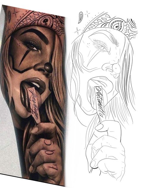 #chicana #tattoo Chicana Tattoo Ideas, Evil Woman Tattoo, Chicano Style Tattoo Design, Realism Tattoo Stencil, Chicana Tattoo Design, Tattoos Stencils Outline, Chicano Art Drawings Sketches, Chicano Tattoo Design, Payasa Tattoo