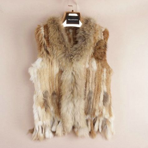 $89.83 New High Quality Real Rabbit Fur Vest Raccoon Fur Collar Women Knitted Fur Gilet - Brown Yellow, Material: 100% natural Real Knit Rabbit Fur and Raccoon Fur, Do not change color, Not allergic, Romantic and elegant, high quality,  windproof and warm, exquisite workmanship. Rabbit Fur Vest, Fur Gilet, Rex Rabbit, Winter Vest, Casual Vest, Vest Coat, Fur Vest, Rabbit Fur, Winter Knits