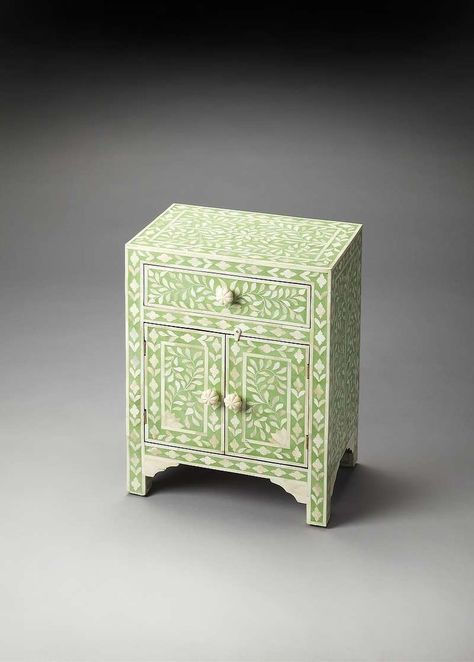 Green Bedside Table, Bone Inlay Nightstand, Bone Inlay Bedside Table, Bedside Table Design, Bone Inlay Furniture, Console Tv, Inlay Furniture, Accent Chest, Bedside Night Stands