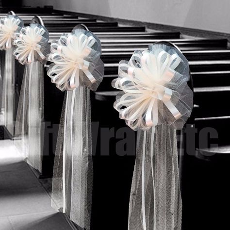 Church Pew Wedding, Pompon Tulle, Wedding Pew Decorations, Aisle Candles, Church Aisle, Wedding Church Decor, Pew Decorations, Wedding Pews, Pew Ends