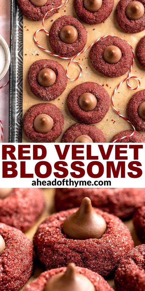 Red Velvet Blossoms Cookies, Hersheys Red Velvet Blossoms, Red Velvet Peanut Butter Blossoms, Red Velvet Hershey Kiss Cookie, Valentine Theme Food, Red Velvet Blossom Cookies, Redvelvet Cookies Recipe, Red Velvet Treats, Red Velvet Cookies From Cake Mix Easy