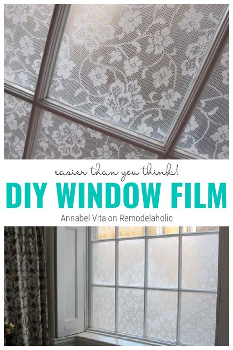 Use any kind of lace fabric to create this DIY window film. Tutorial from Annabel Vita on Remodelaholic Diy Lace Privacy Window, Diy Window Film, Window Privacy Screen, Window Coverings Diy, Lace Window Treatments, Karen Black, Lace Window, Diy Window Treatments, Light Blocking Curtains