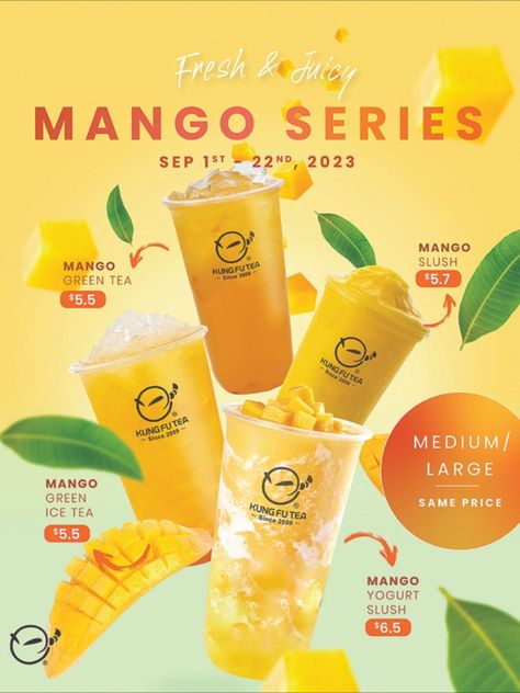 Mango Lover awaits!🥭💛🍵🥤 Sep 1st to 22nd, 2023 . 🙌🏻 #kungfuteamangoseries Any Size (Medium or Large) 💛 𝐌𝐚𝐧𝐠𝐨 Green Tea $5.5 💛 𝐌𝐚𝐧𝐠𝐨 Green Ice Tea $5.5 💛 𝐌𝐚𝐧𝐠𝐨 Slush $5.7 💛 𝐌𝐚𝐧𝐠𝐨 Yogurt Slush $6.5 𝗧𝗲𝗿𝗺𝘀 𝗮𝗻𝗱 𝗰𝗼𝗻𝗱𝗶𝘁𝗶𝗼𝗻𝘀: See IG post for details. https://www.instagram.com/p/CwlYasWK0HV/?utm_source=ig_web_copy_link&igshid=MzRlODBiNWFlZA== All pictures shown are for illustration purposes only. Actual products may vary due to product enhancement. Mango Slush, Juice Bar Interior, Bubble Tea Menu, Mango Yogurt, Mango Green Tea, Mango Tea, Menu Design Inspiration, Mango Drinks, Tea Drink Recipes