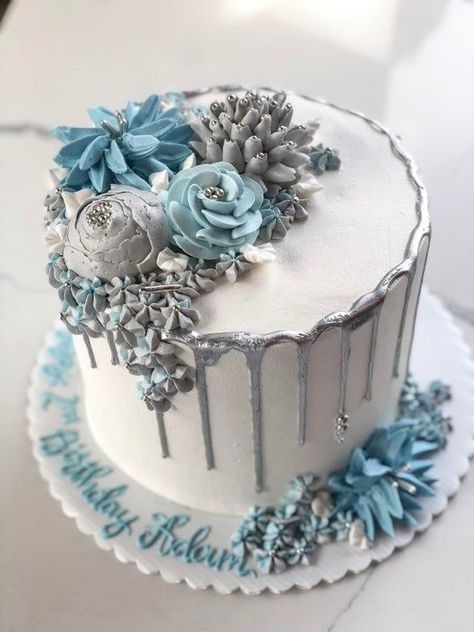 Ice Blue Birthday Cake, Silver And Blue Birthday Party, Blue Birthday Theme For Women, Blue And Silver Themed Birthday Party, Pastel Blue Birthday Decorations, Sweet 16 Cakes Blue And Silver, Silver And Blue Birthday Cake, 18th Birthday Cake Blue And Silver, Sweet 16 Cake Ideas Blue