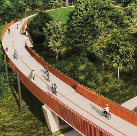 Who’s excited for the 8th Street Gateway Park? 🙋🏼‍♀️ I’m looking forward to having this on the west side of town! 8th Street Gateway Park will be a hub for recreation, nature, and beginner mountain biking in Bentonville. Featuring 12.5-miles of greenways, multi-use paths and bike trails, that includes 3 miles of pedestrian-only trails, a 3-acre Great Lawn, playgrounds, and gathering spaces. It will span over 109 acres. The park will enhance connectivity, ecology, and community in the region... Bicycle Lane Landscape Design, Pedestrian Underpass Design, Bike Lane Design Landscape, Pedestrian Road Design, Pedestrian Bridge Over Highway, Bike Lane, Activity Centers, Bike Trails, Sustainable Design