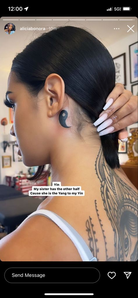 Dreka Gates Tattoo, Yin Yang Tattoo Black Women, Small Behind The Ear Tattoo Ideas Black Women, Yin Yang Tattoo Behind Ear, Yin Yang Behind Ear Tattoo, Dess Dior Tattoos, Dess Dior Shoulder Tattoo, Raw Tattoo, Small Tattoo Ideas Black Women