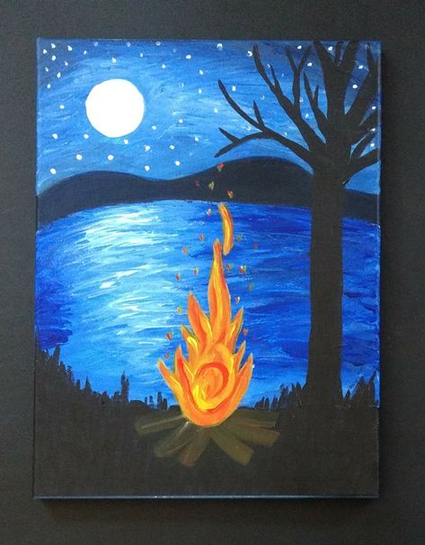 End Of Summer Painting Ideas, Camping Painting Easy, Summer Painting Ideas, Camping Painting, Acyrlic Painting, Cute Easy Paintings, Fall Canvas Painting, Fall Canvas, Silhouette Painting