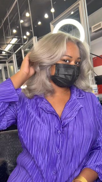 Grey Hair Color On Black Women, Gray Dyed Hair Black Women, Silver Blonde Hair Black Women, Sliver Highlight Hair, Grey Hair On Black Women, Grey Dyed Hair Black Women, Ash Blonde Black Women Natural Hair, Grey Hair Color Black Women, Silver Hair On Black Women