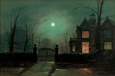 Wilfred Jenkins (1857-1936) - Gatehouse by Moonlight John Atkinson Grimshaw, Atkinson Grimshaw, Night Shades, Antique Paintings, Creepy Houses, Moonlight Painting, Friends 2, Moody Blues, Night Scene