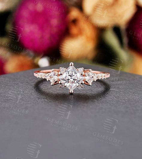 Vintage Princess Cut Moissanite Engagement Ring Rose Gold Ring Round Cut Diamond Ring Unique Anniversary Promise Ring Art Deco Ring - Etsy Vintage Princess Cut Ring, Rose Gold Princess Cut Ring, Rose Gold Princess Cut Engagement Ring, Princess Engagement Rings, Engagement Rings Rose Gold Princess Cut, Princess Wedding Rings, Engagement Ring Princess Cut, Engagement Ring Princess, Vintage Moissanite Engagement Ring