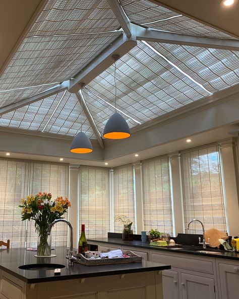 Conservatory Ceiling Drapes, Pinoleum Blinds, Conservatory Roof Ideas, Conservatory Roof Blinds, Roof Blinds, Conservatory Decor, Conservatory Roof, Off Grid House, Fabric Ceiling