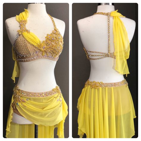 Yellow Contemporary Dance Costume, Yellow Dance Costume Lyrical, Yellow Lyrical Dance Costumes, Dance Costumes Yellow, Yellow Dance Costume, Bellydance Photoshoot, Freestyle Dance Costumes, Contemporary Dance Outfits, Belly Dancer Outfits