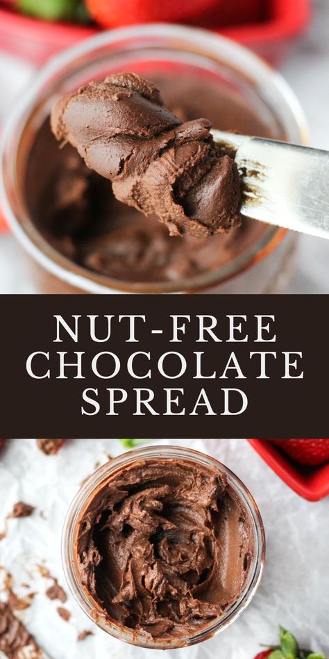 30 minutes · Vegan Gluten free Paleo · Serves 16 · If you’re like me, you probably love the taste of the oh so popular chocolate spread Nutella, but don’t love all the unnecessary sugar or long list of ingredients. This rich and creamy Nut Free Chocolate Spread is the perfect alternative! You only need four simple ingredients for this recipe, and less than 30 minutes to make it! Great for anyone who is dairy-free, nut-free, or Vegan! Nut Free Butter, Nut Free Nutella Recipe, Homemade School Snacks, Chocolate Spread Recipe, Paleo Dips, Nutella Recipe, Sunflower Butter, Nut Free Recipes, Chocolate Spread