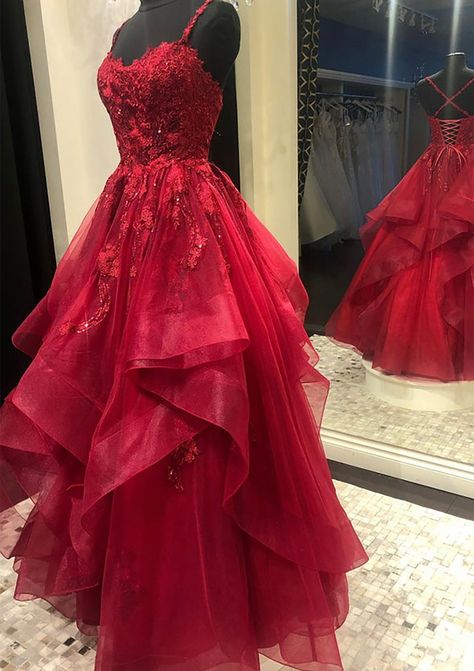 [$188.00] A-line V Neck Spaghetti Straps Long/Floor-Length Lace Prom Dress With Beading Red Evening Gown, Red Prom Dress Long, Long Formal Dress, A Line Evening Dress, Simple Prom Dress, Tulle Sleeves, Burgundy Prom Dress, Red Evening Dress, Lace Prom Dress