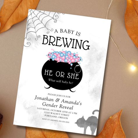 Halloween Gender Reveal Party, Fall Gender Reveal Party, Halloween Gender Reveal, A Baby Is Brewing, Halloween Baby Shower Theme, Baby Is Brewing, Gender Reveal Themes, Gender Reveal Party Invitations