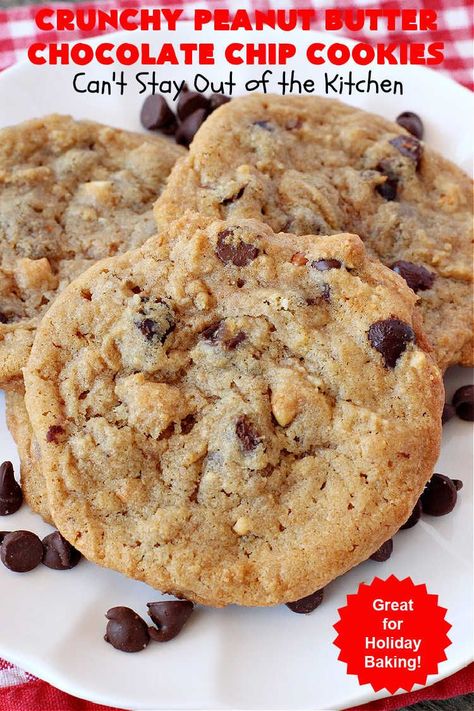 Crunchy Peanut Butter Chocolate Chip Cookies | Can't Stay Out of the Kitchen | these amazing whopper-sized #PeanutButterCookies contain #ChocolateChips making them some of the best #ChocolateChipCookies ever! They're terrific for #holiday parties or a #ChristmasCookieExchange. #chocolate #PeanutButter #PeanutButterDessert #ChocolateDessert #dessert #HolidayDessert #CrunchyPeanutButterChocolateChipCookies Peanut Butter Chocolate Chip Recipes, Choc Chip Peanut Butter Cookies, Peanutbutter Choco Chip Cookies, Crunchy Peanut Butter Chocolate Chip Cookies, Crunchy Peanut Butter Recipes, Crunchy Peanut Butter Cookies, Crunchy Chocolate Chip Cookies, Oreo Stuffed Chocolate Chip Cookies, Chocolate Peanutbutter