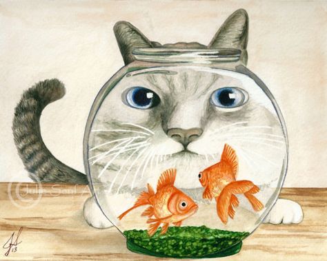 Art, Print, Greeting Card, Painting, Watercolor, Cat Bowl, Cat, Goldfish, Fish, Fish Bowl, Feline Greeting Card Painting, Sketch Photography, Goldfish Art, Card Painting, Paintings Tutorials, Animal Illustration Art, Funny Emoticons, Watercolor Fish, Fish Fish