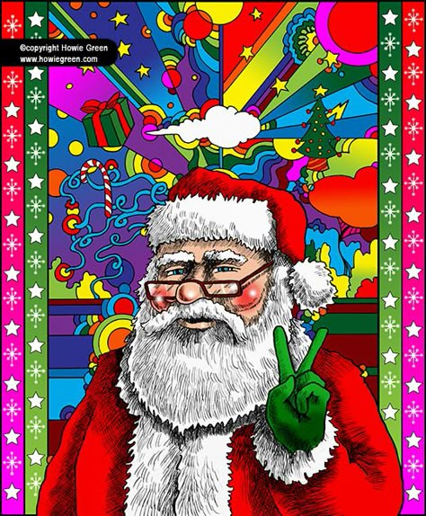 Peace Love Santa psychedelic Pop Art | I created this one, base on my psychedelic Abe Lincoln image, for a licensing project. See more of my art at www.howiegreen.com Peace Painting, Alien Photos, Peace Poster, Paint By Numbers, Hippie Art, Silent Night, Cards For Friends, Christmas Love, Creative Activities