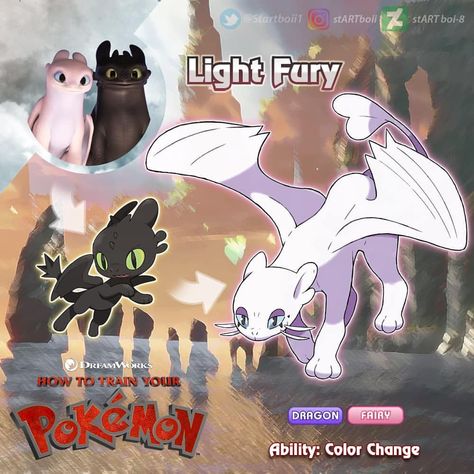 AND FINALLY THE LAST ONE 🌠 When a female baby toothless evolves It turns into a majestic Light Fury (I couldn't think on an original name… Deadly Nadder, Dragon Pokemon, Baby Toothless, Toothless And Stitch, Pokemon Fusions, Pokemon Crossover, Pokemon Dragon, Light Fury, Pokemon Images