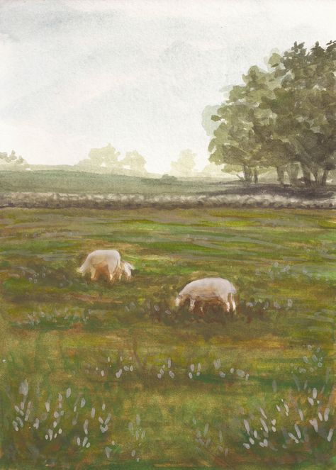 British farm landscape fine art print, 2 sheep grazing in a rural pasture with a stone fence, Pastoral sheep and lamb wall art Pasture Painting, British Farm, Farm Prints, Sheep Wall Art, Sheep Grazing, British Landscape, Stone Fence, Sheep Paintings, Farm Landscape