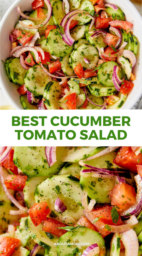 This Cucumber Tomato Salad uses red wine vinegar to get this family favorite just vinegary enough to drench these summer veggies in sheer deliciousness. #cucumbertomatosalad #italiancucumbertomatosalad #vinegarcucumbertomatosalad Cucumber Tomato Onion Salad, Tomato Onion Salad, Cucumber Salad Vinegar, Coleslaw Recipes, Tomato Cucumber Salad, Tomato And Onion Salad, Shrimp Salad Recipes, Quick Vegan, Cucumber Tomato Salad