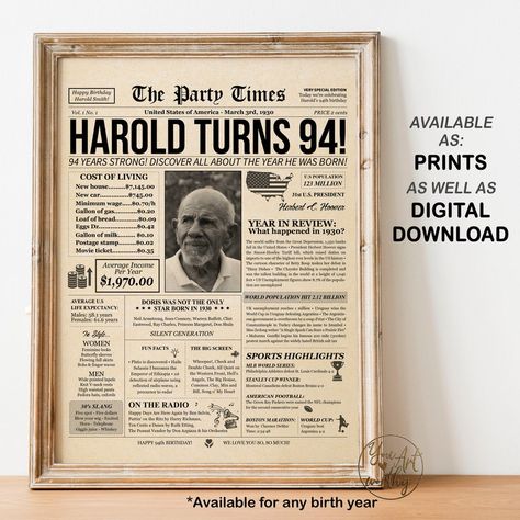 94th Birthday Gift for Her or Him 94 Years Back in 1930 Personalized Birthday Party Decoration Sign Idea PRINTABLE or WE PRINT for You - Etsy 94th Birthday, 95th Birthday, 72 Birthday, Newspaper Poster, 79th Birthday, Birthday Look, 95 Birthday, 42nd Birthday, 85th Birthday