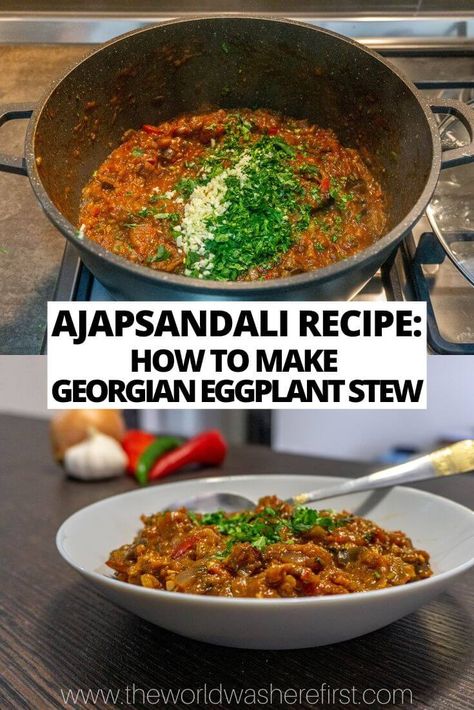 Love Georgian cuisine? Learn how to make this delicious and flavourful Georgian eggplant and vegetable stew with this authentic ajapsandali recipe! Perfect for vegetarians, vegans or vegetable lovers! Georgian Food Recipes, Georgian Dishes, Georgian Recipes, Eggplant Stew, Georgian Food, Georgian Cuisine, Eastern European Recipes, Eggplant Dishes, European Cuisine